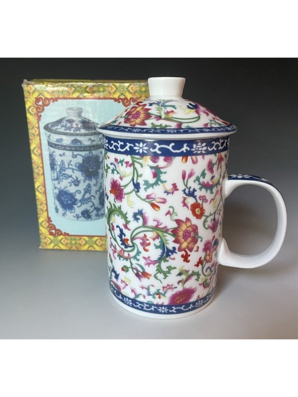 Vintage Chinese Porcelain Famille Rose Lidded Teacup Coffee Mug Cup Original Box